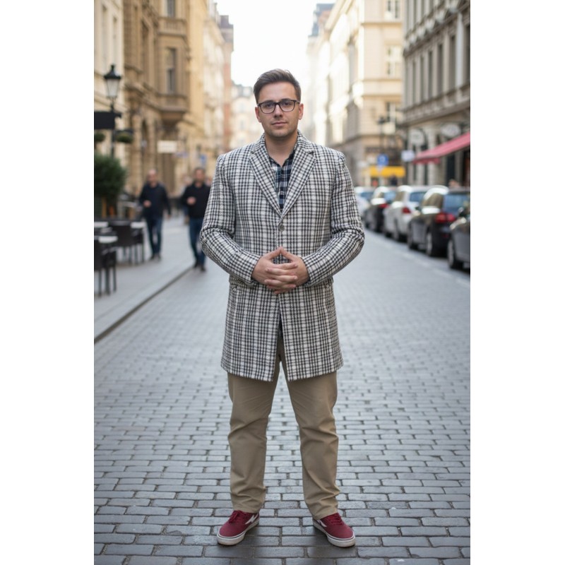 Unisex Grey & White Plaid Longline Blazer Coat - Checked Outerwear BLC-01
