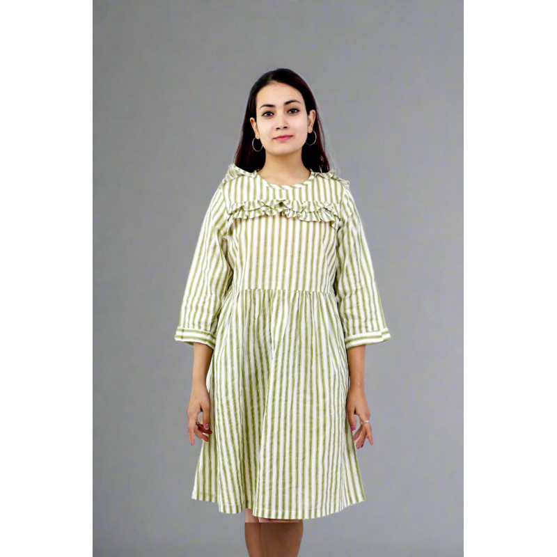 Green & White Striped Cotton Dress for Women – Fresh, Breezy & Everyday Style BGHB-61