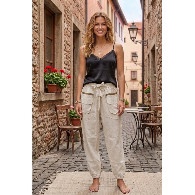 Organic Hemp Cargo Pants | Unisex Cream Drawstring Joggers HCT-04