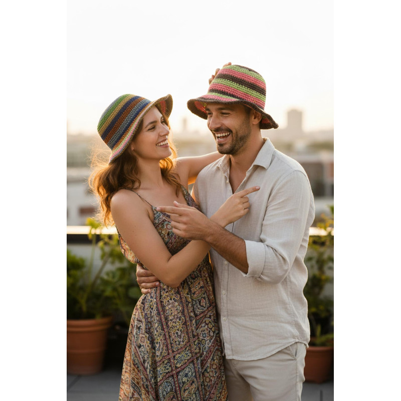 Handmade Unisex Crocheted Hemp Bucket Hat | Multicolored Festival & Summer Sun Hat H.H-07I