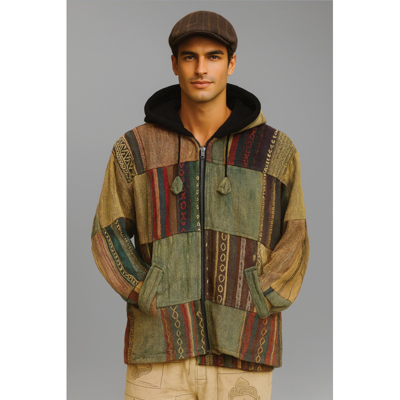 Colorful Cotton Hooded Fleece Jacket - Patchwork Design S-18
