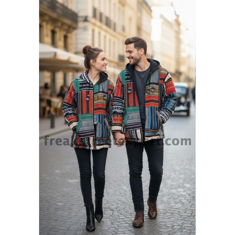 Patchwork Hippie Jacket | Colorful Handcrafted Unisex Gheri Hooded Pullover with Polar Fleece U-81