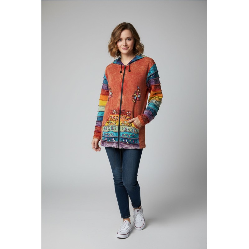 Boho Patchwork Hippie Zip-Up Hoodie Jacket | Colorful Rainbow Pattern Sweater PNG-010
