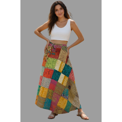 Unique Patchwork Ruffle Skirt with Asymmetrical Hem - Artisanal Boho Style SK-04