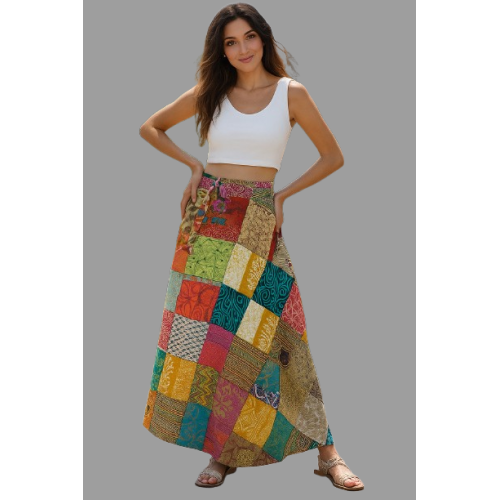 Unique Patchwork Ruffle Skirt with Asymmetrical Hem - Artisanal Boho Style SK-04