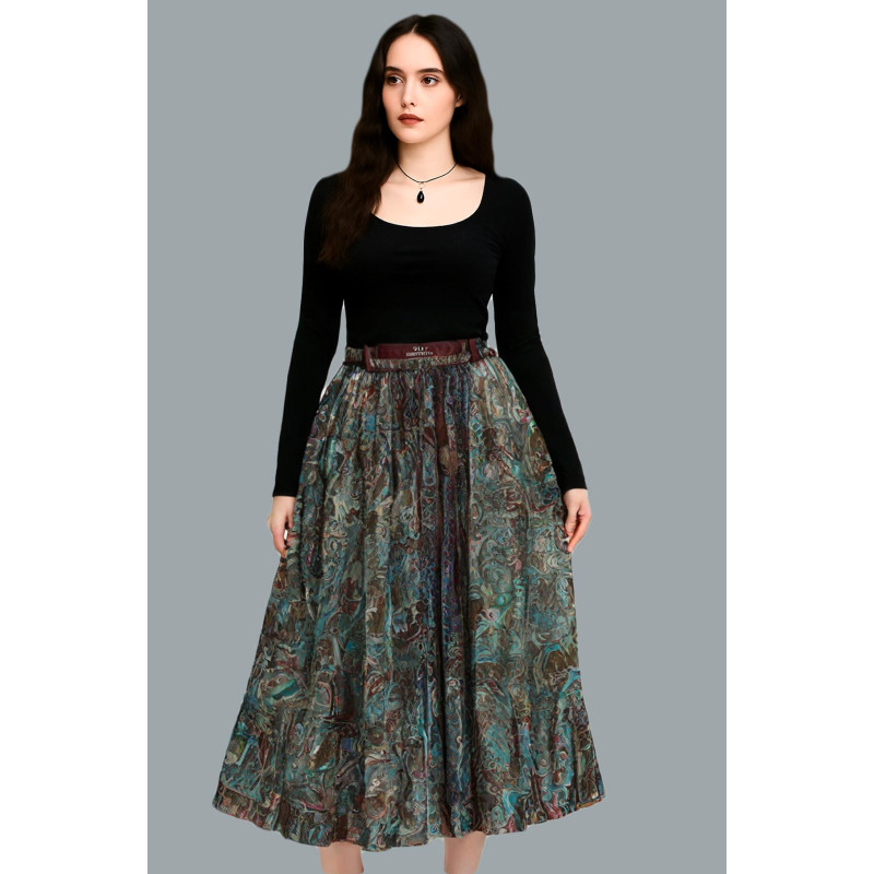 Abstract Floral Print Pleated Skirt - Women's Mid-Calf Flowy Skirt SK-17