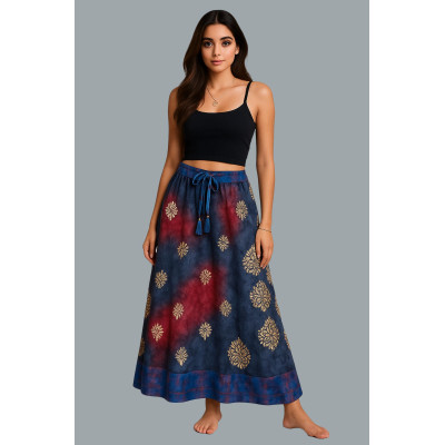 Silk Handcrafted Tie-Dye Maxi Skirt - Unique Red & Blue Floral Design SK-19