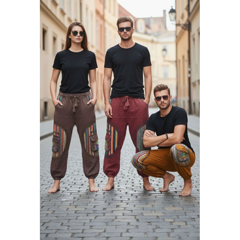 Unisex Stone Wash Boho Harem Pants – Hippie Cargo Trousers with Colorful Ethnic Patchwork Pockets – Relaxed Fit Cotton Joggers for Men & Women CT-03
