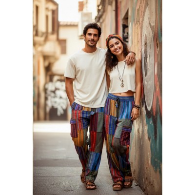 Bohemian Patchwork Hippie Trousers | Unisex Rainbow Festival Pants FSGI-10